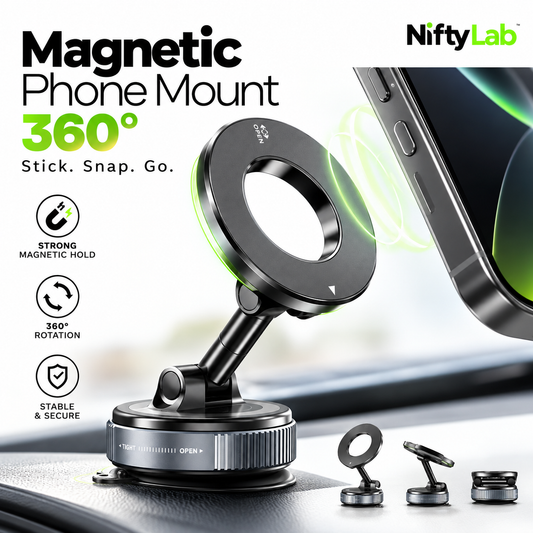 NiftyLab Magnetic Phone Mount 360° on a car dashboard, with a phone about to snap onto the magnetic ring