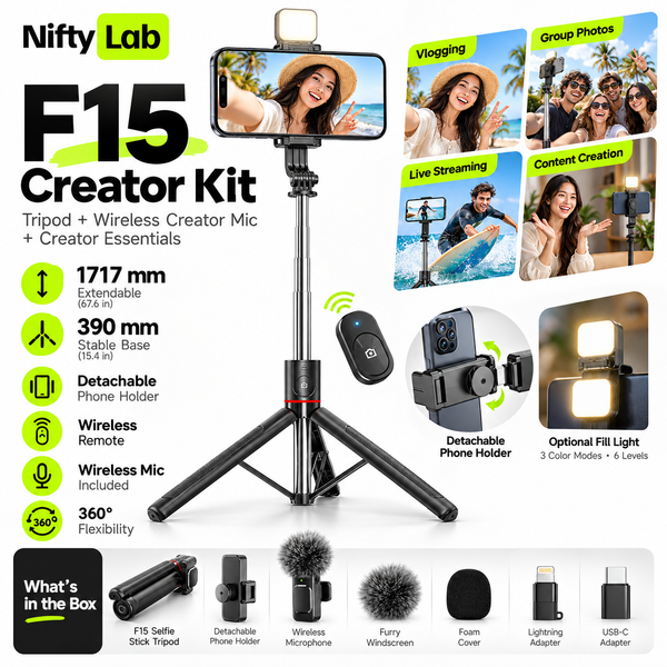F15 Creator Tripod: 1.7 m Selfie Stick with Bluetooth Remote