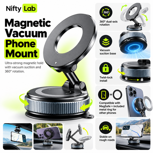 Magnetic Phone Holder 360° Rotatable  Phone Holder |  Foldable Design, Vacuum Suction Cup | Perfect for Car Dashboard