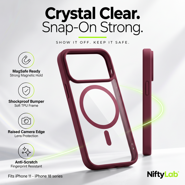 ClearMag MagSafe Case – Crystal Clear, Snap-On Strong (Wine Red)